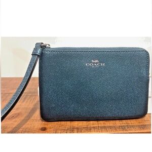 Coach Black Saffiano Leather Wristlet with Silver Logo